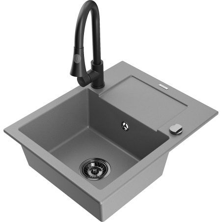 Mexen Enzo 1-bowl granite sink with drainer and Elia kitchen tap, grey - 6506-71-670101-70-B