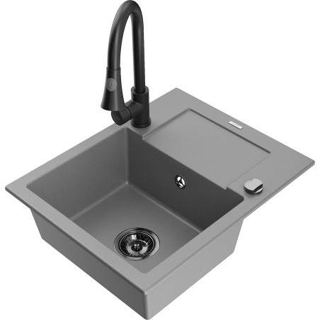 Mexen Enzo granite 1-bowl sink with drainer and kitchen faucet Elia, gray - 6506-71-670101-70-B