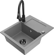 Mexen Enzo 1-compartment granite sink with a drip tray and kitchen mixer tap Elia, Grey - 6506-71-670101-70-B