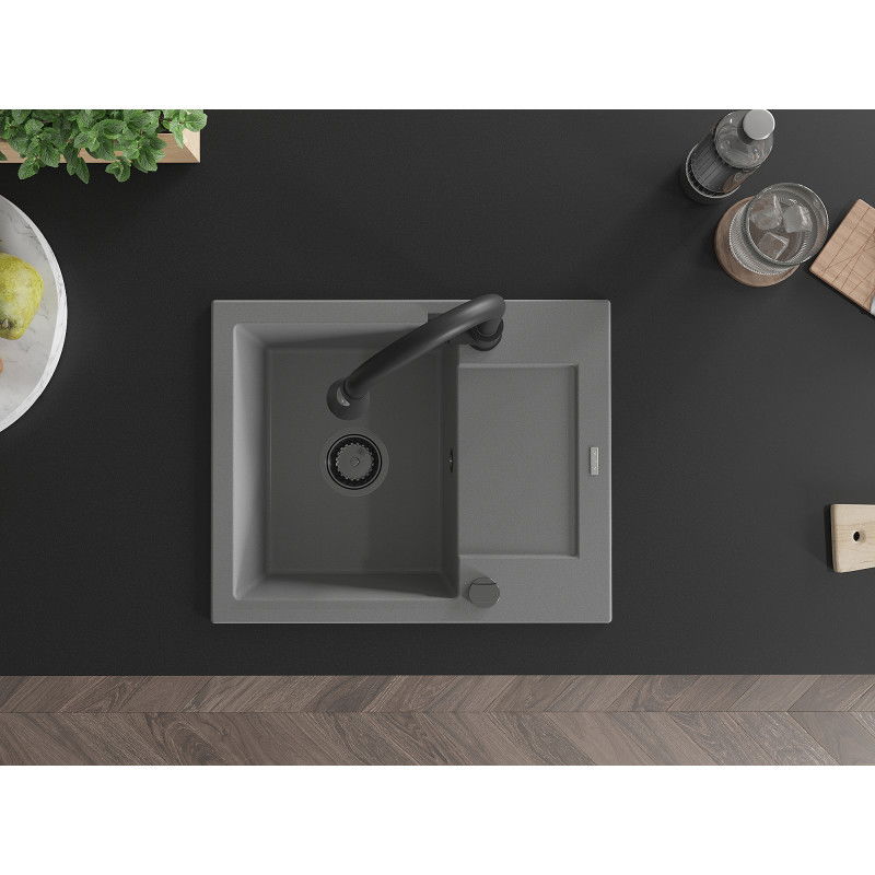 Mexen Enzo 1-bowl granite sink with drainer and Elia kitchen tap, grey - 6506-71-670101-70-B