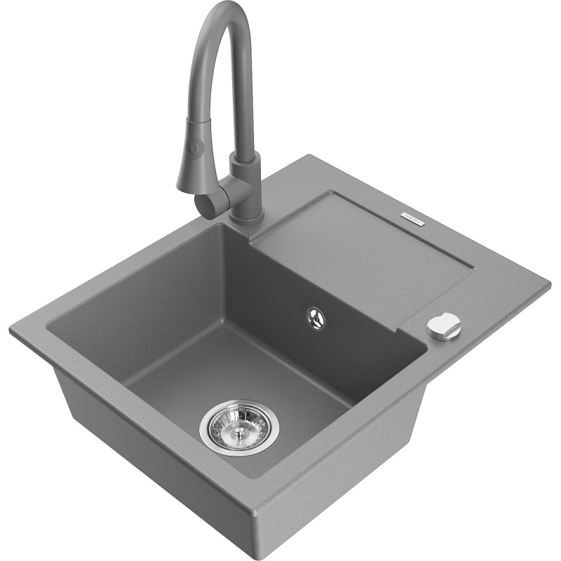 Mexen Enzo 1-bowl granite sink with drainer and Elia kitchen faucet, gray - 6506-71-670101-71