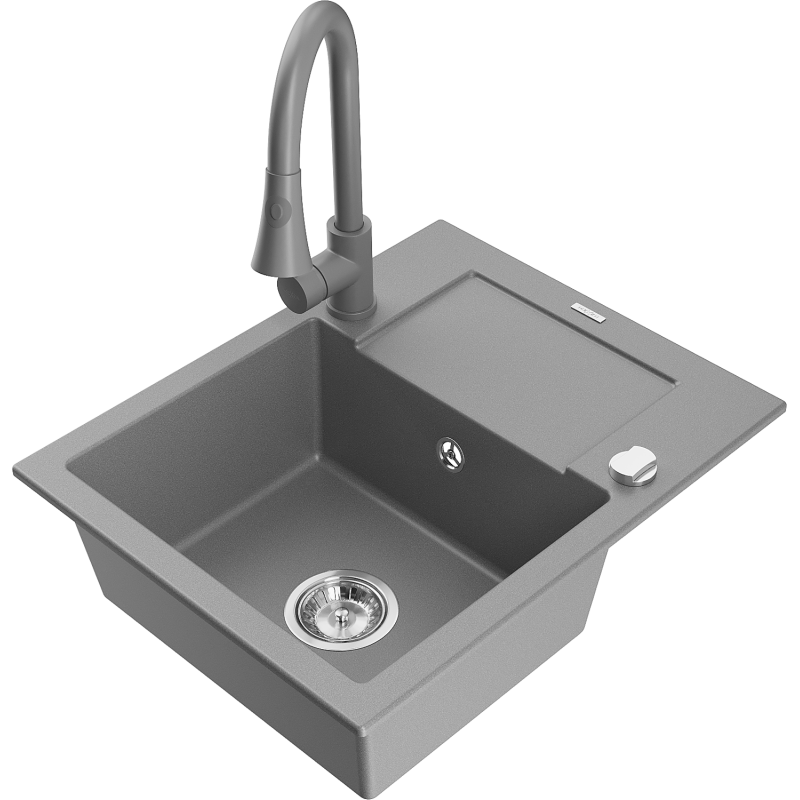 Mexen Enzo 1-compartment granite sink with a drip tray and kitchen mixer tap Elia, Grey - 6506-71-670101-71