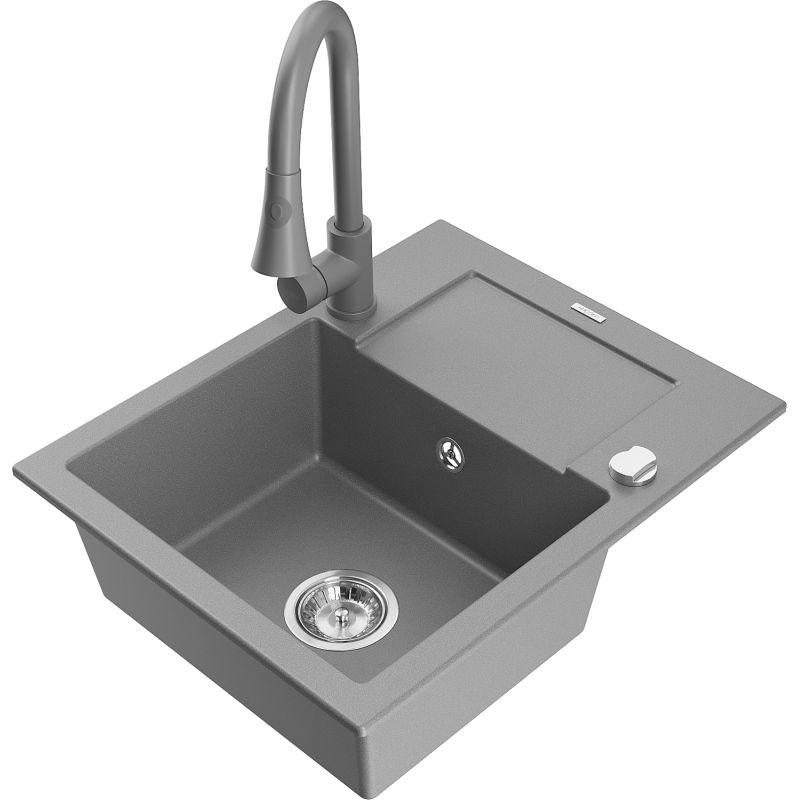 Mexen Enzo granite sink 1-bowl with drainer and Elia kitchen tap, grey - 6506-71-670101-71