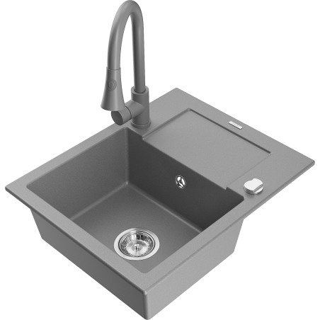 Mexen Enzo granite sink 1-bowl with drainer and Elia kitchen tap, grey - 6506-71-670101-71