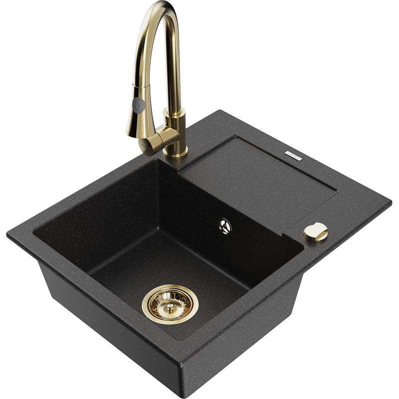 Mexen Enzo 1-bowl granite sink with drainer and Elia kitchen tap, black/silver metallic - 6506-73-670101-50