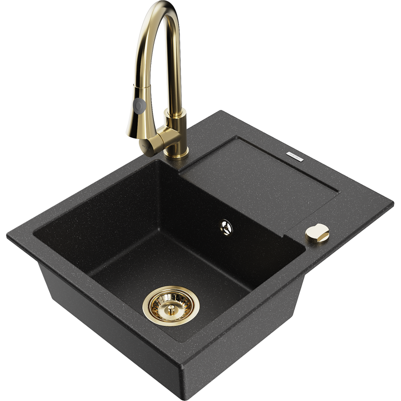 Mexen Enzo 1-compartment granite sink with a drip tray and kitchen mixer tap Elia, Black/Silver metallic - 6506-73-670101-50