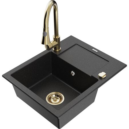 Mexen Enzo granite sink 1-bowl with drainer and Elia kitchen faucet, black/silver metallic - 6506-73-670101-50