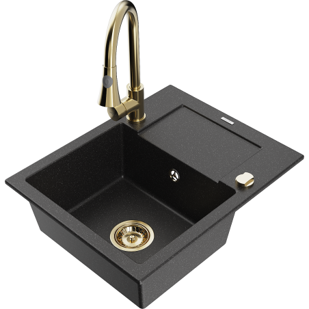 Mexen Enzo single-basin granite sink with drainer and Elia kitchen faucet, black/silver metallic - 6506-73-670101-50