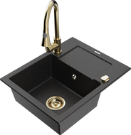 Mexen Enzo granite sink 1-bowl with drainer and Elia kitchen faucet, black/silver metallic - 6506-73-670101-50