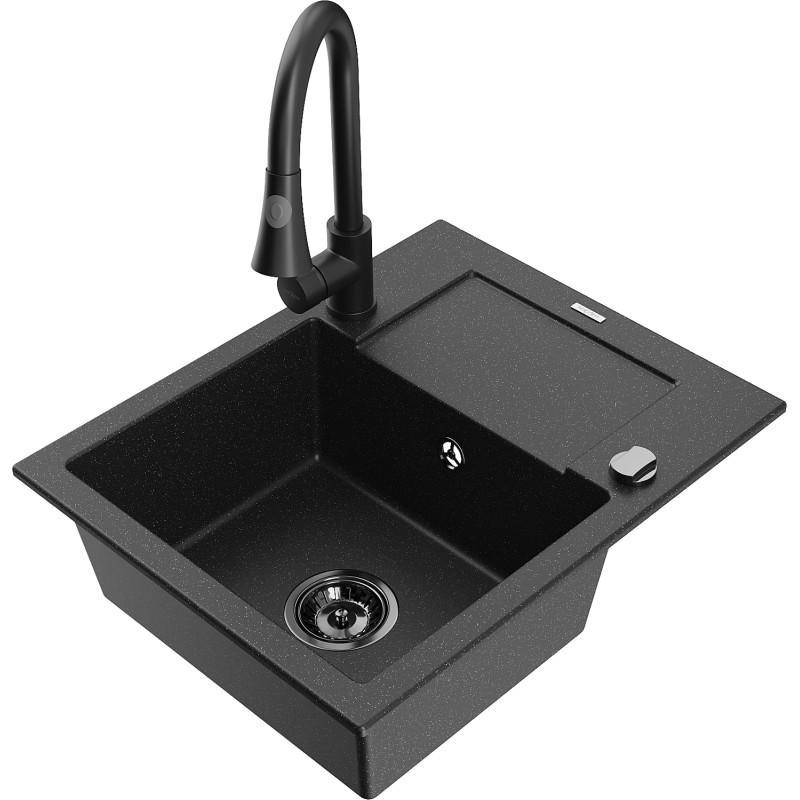Mexen Enzo granite kitchen sink 1-bowl with drainer and kitchen faucet Elia, black/silver metallic - 6506-73-670101-70-B