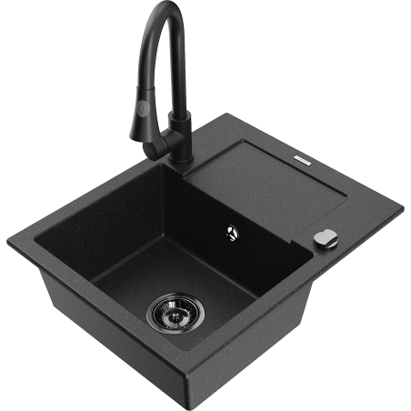 Mexen Enzo 1-compartment granite sink with a drip tray and kitchen mixer tap Elia, Black/Silver metallic - 6506-73-670101-70-B