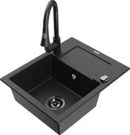 Mexen Enzo granite kitchen sink 1-bowl with drainer and kitchen faucet Elia, black/silver metallic - 6506-73-670101-70-B