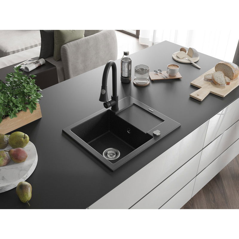Mexen Enzo granite 1-bowl kitchen sink with drainer and Elia kitchen tap, black/silver metallic - 6506-73-670101-70
