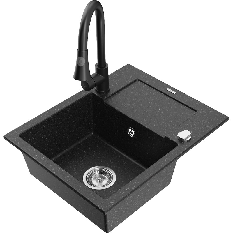 Mexen Enzo 1-bowl granite sink with drainer and Elia kitchen faucet, black/silver metallic - 6506-73-670101-70