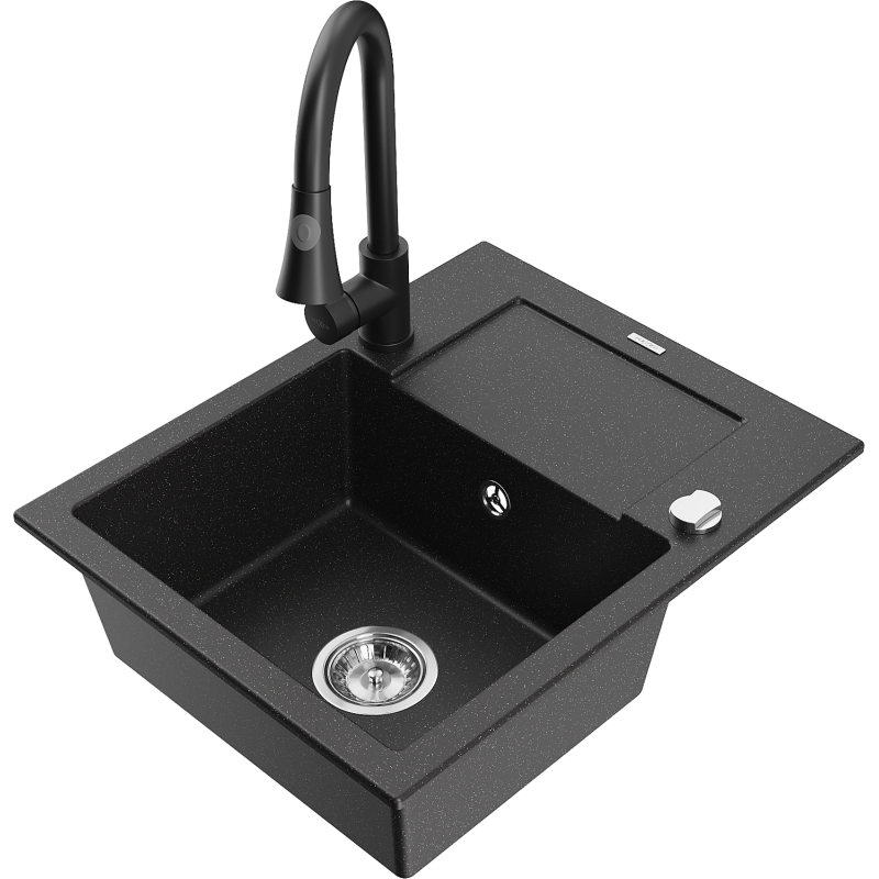 Mexen Enzo 1-compartment granite sink with a drip tray and kitchen mixer tap Elia, Black/Silver metallic - 6506-73-670101-70