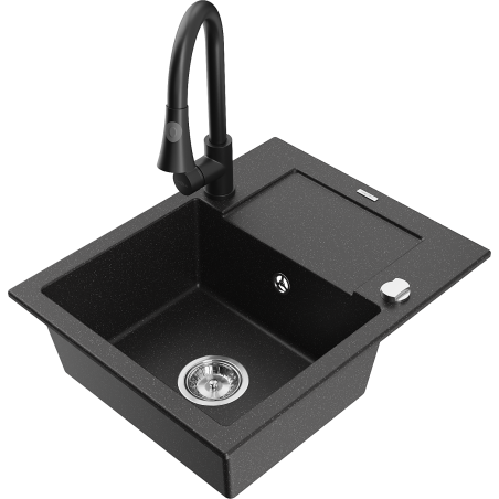 Mexen Enzo granite kitchen sink single-bowl with drainer and Elia kitchen faucet, black/silver metallic - 6506-73-670101-70