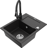 Mexen Enzo granite kitchen sink single-bowl with drainer and Elia kitchen faucet, black/silver metallic - 6506-73-670101-70