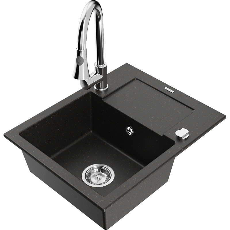 Mexen Enzo 1-bowl granite sink with drainer and Elia kitchen tap, black/gold metallic - 6506-75-670101-00