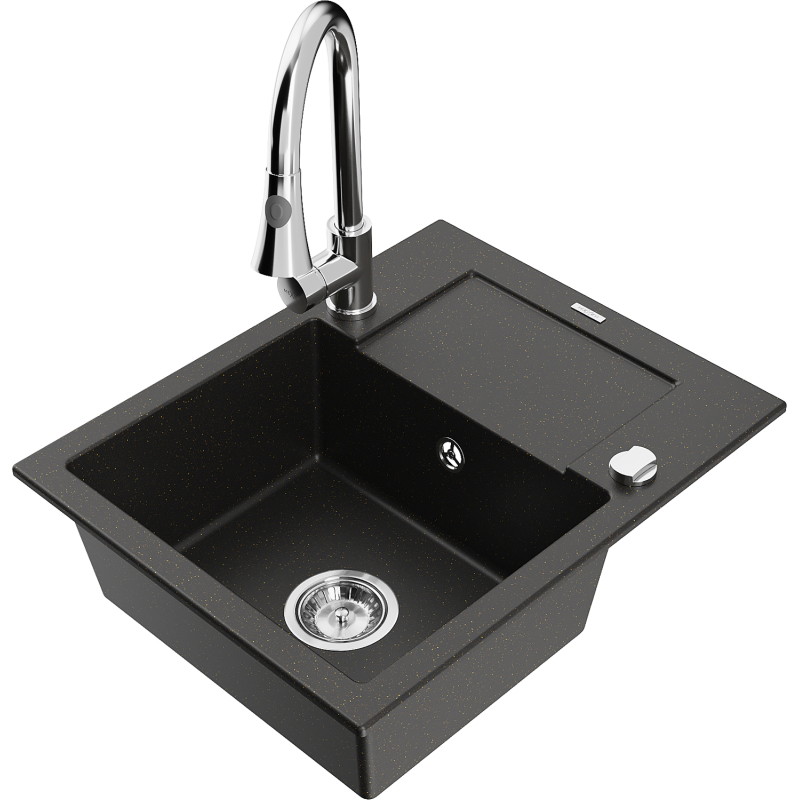 Mexen Enzo granite kitchen sink 1-bowl with drainer and Elia kitchen faucet, black/gold metallic - 6506-75-670101-00