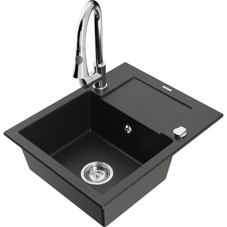 Mexen Enzo granite kitchen sink 1-bowl with drainer and Elia kitchen faucet, black/gold metallic - 6506-75-670101-00