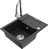 Mexen Enzo granite kitchen sink single-bowl with drainer and Elia kitchen faucet, black/gold metallic - 6506-75-670101-00