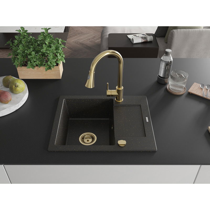 Mexen Enzo 1-bowl granite sink with drainer and Elia kitchen tap, black/gold metallic - 6506-75-670101-50