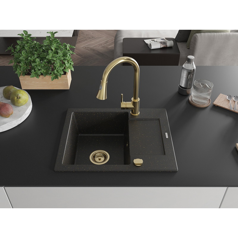 Mexen Enzo granite sink 1-bowl with drainer and kitchen faucet Elia, black/gold metallic - 6506-75-670101-50