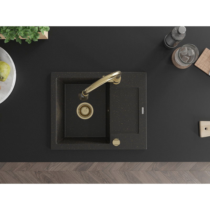 Mexen Enzo 1-bowl granite sink with drainer and Elia kitchen tap, black/gold metallic - 6506-75-670101-50