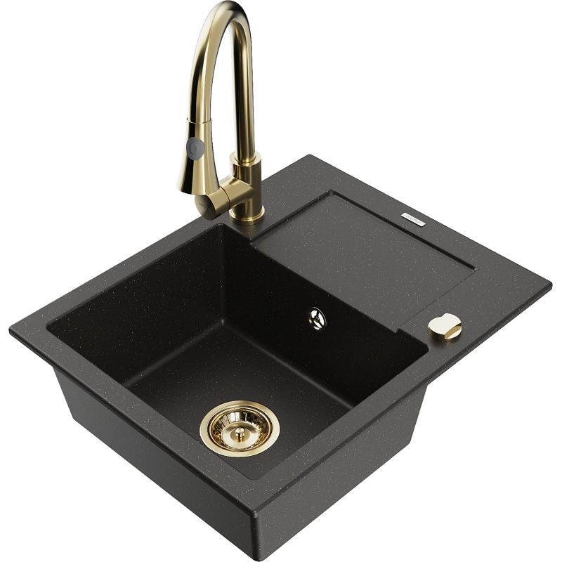 Mexen Enzo 1-bowl granite sink with drainer and Elia kitchen tap, black/gold metallic - 6506-75-670101-50