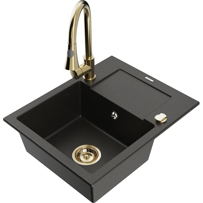Mexen Enzo granite sink 1-bowl with drainer and kitchen faucet Elia, black/gold metallic - 6506-75-670101-50