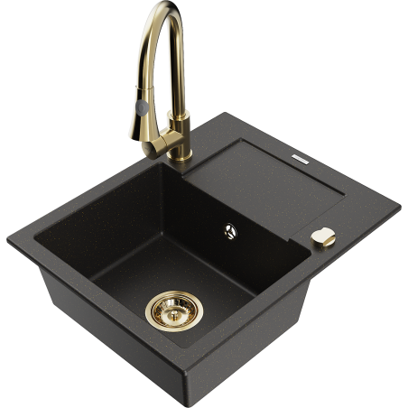 Mexen Enzo 1-compartment granite sink with a drip tray and kitchen mixer tap Elia, Black/Gold metallic - 6506-75-670101-50