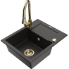 Mexen Enzo granite sink 1-bowl with drainer and kitchen faucet Elia, black/gold metallic - 6506-75-670101-50