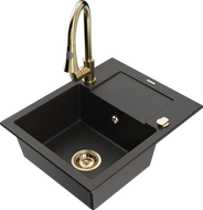Mexen Enzo 1-compartment granite sink with a drip tray and kitchen mixer tap Elia, Black/Gold metallic - 6506-75-670101-50