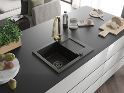 Mexen Enzo single-bowl granite sink with drainer and Elia kitchen faucet, black/gold metallic - 6506-75-670101-50-B