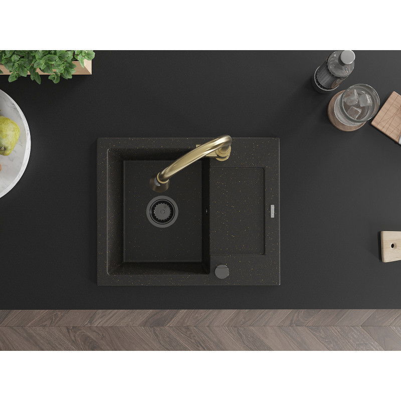 Mexen Enzo 1-bowl granite sink with drainer and Elia kitchen tap, black/gold metallic - 6506-75-670101-50-B