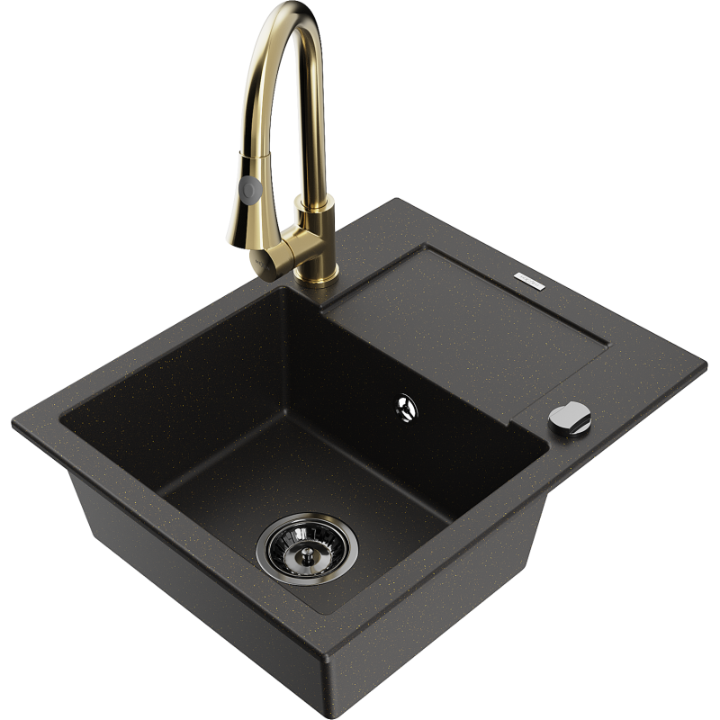 Mexen Enzo 1-bowl granite sink with drainer and Elia kitchen tap, black/gold metallic - 6506-75-670101-50-B