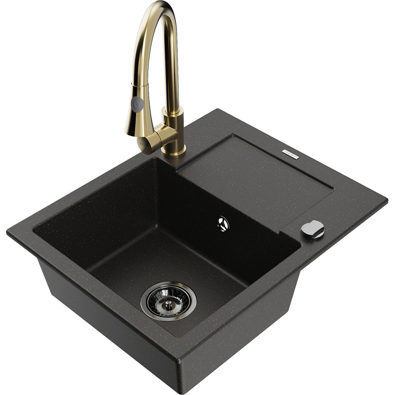 Mexen Enzo single-bowl granite sink with drainer and Elia kitchen faucet, black/gold metallic - 6506-75-670101-50-B