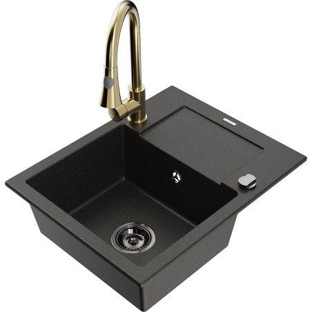 Mexen Enzo 1-bowl granite sink with drainer and Elia kitchen tap, black/gold metallic - 6506-75-670101-50-B