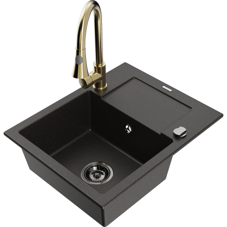 Mexen Enzo 1-compartment granite sink with a drip tray and kitchen mixer tap Elia, Black/Gold metallic - 6506-75-670101-50-B