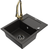 Mexen Enzo granite kitchen sink with 1 bowl, drainer, and Elia kitchen faucet, black/gold metallic - 6506-75-670101-50-B