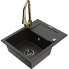 Mexen Enzo single-bowl granite sink with drainer and Elia kitchen faucet, black/gold metallic - 6506-75-670101-50-B