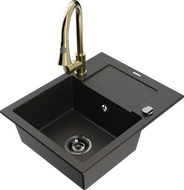 Mexen Enzo granite kitchen sink with 1 bowl, drainer, and Elia kitchen faucet, black/gold metallic - 6506-75-670101-50-B