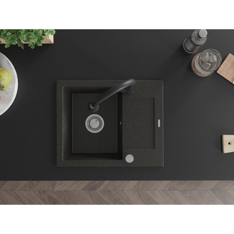 Mexen Enzo 1-Bowl Granite Sink with Drainer and Elia Kitchen Tap, Black/Gold Metallic - 6506-75-670101-70