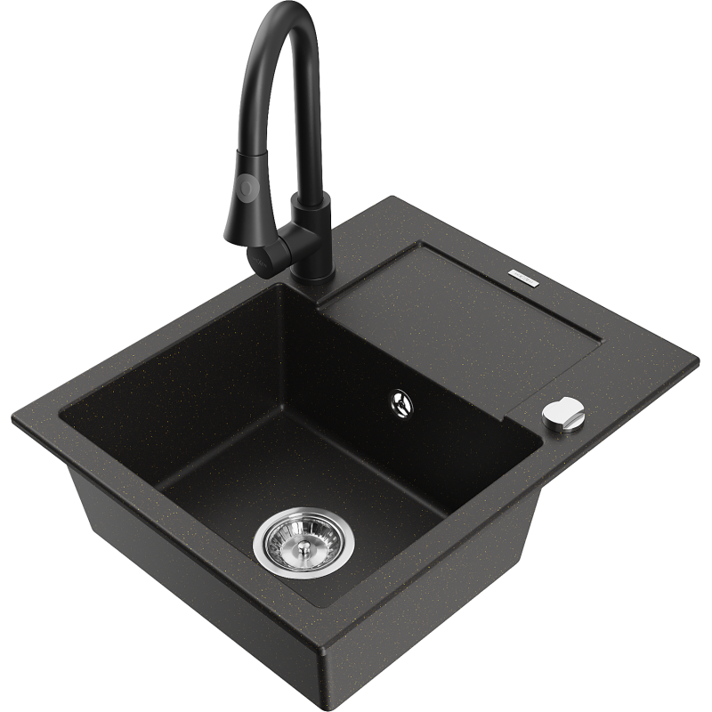 Mexen Enzo 1-compartment granite sink with a drip tray and kitchen mixer tap Elia, Black/Gold metallic - 6506-75-670101-70