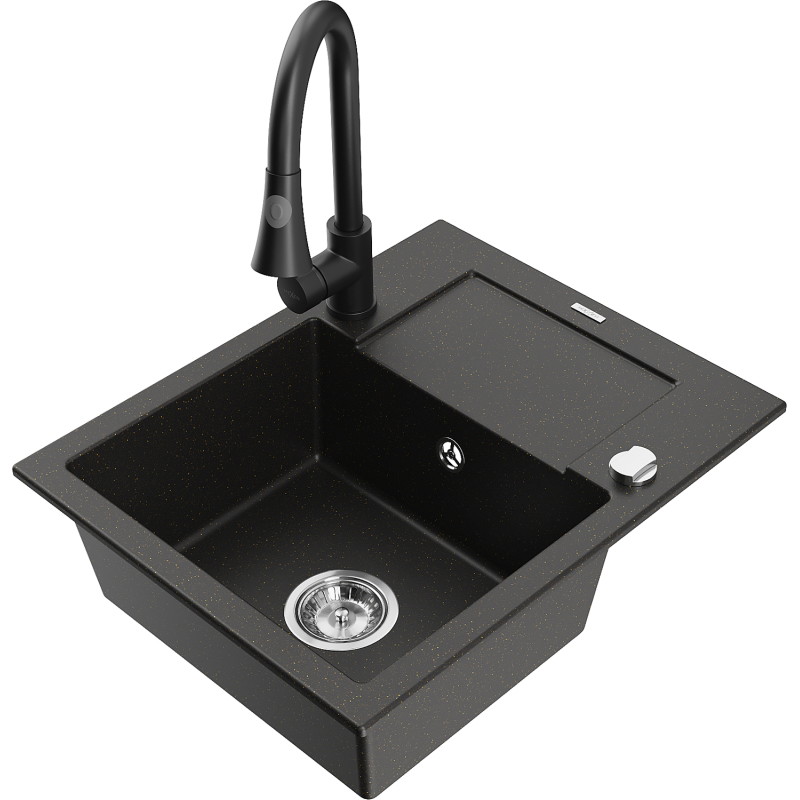 Mexen Enzo granite kitchen sink, single bowl with drainer and Elia kitchen faucet, black/gold metallic - 6506-75-670101-70