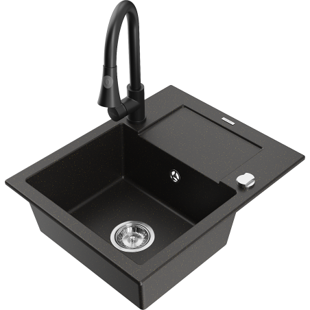 Mexen Enzo 1-Bowl Granite Sink with Drainer and Elia Kitchen Faucet, Black/Gold Metallic - 6506-75-670101-70
