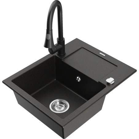 Mexen Enzo 1-Bowl Granite Sink with Drainer and Elia Kitchen Tap, Black/Gold Metallic - 6506-75-670101-70