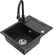 Mexen Enzo 1-compartment granite sink with a drip tray and kitchen mixer tap Elia, Black/Gold metallic - 6506-75-670101-70