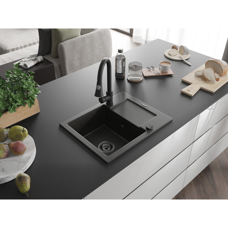 Mexen Enzo granite kitchen sink 1-bowl with drainer and Elia faucet, black/gold metallic - 6506-75-670101-70-B