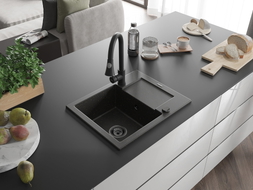 Mexen Enzo granite kitchen sink 1-bowl with drainer and Elia faucet, black/gold metallic - 6506-75-670101-70-B
